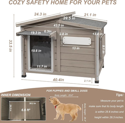 40"L Outdoor Dog House with Asphalt Roof, Window, Raised Feet and PVC Curtain for Medium Dogs, Gray