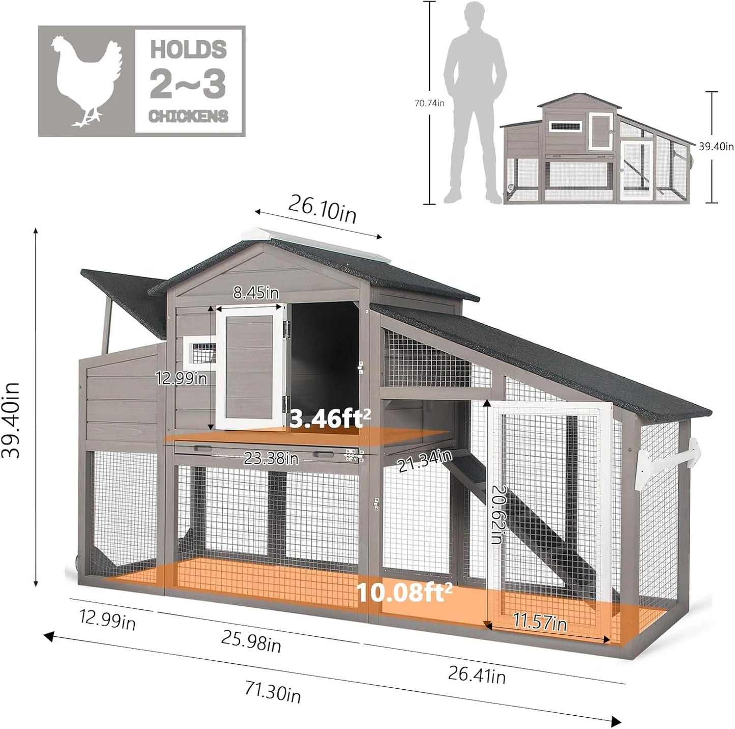 71" L Wooden Chicken Coop for 2-3 Chickens, Chicken Tractor with Nesting Box, Pull-Out Tray, Asphalt Roof, Gray