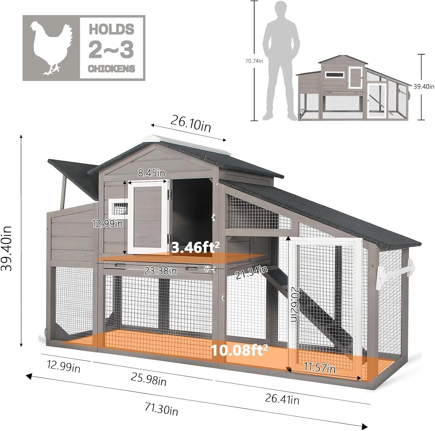 71" L Wooden Chicken Coop for 2-3 Chickens, Chicken Tractor with Nesting Box, Pull-Out Tray, Asphalt Roof, Gray