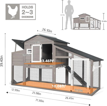 71" L Wooden Chicken Coop for 2-3 Chickens, Chicken Tractor with Nesting Box, Pull-Out Tray, Asphalt Roof, Gray