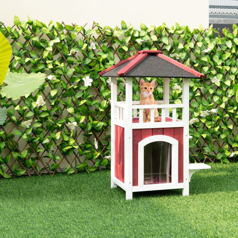2-Story Wooden Cat House with Asphalt Roof Balcony and Rain Curtain