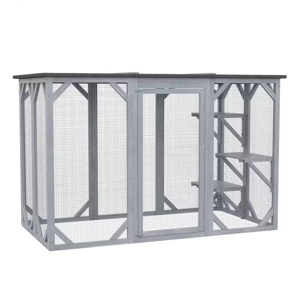 71 In. L Grey Wooden Outdoor Cat House with Asphalt Roof, Multi-Level Platforms, and Large Enter Door