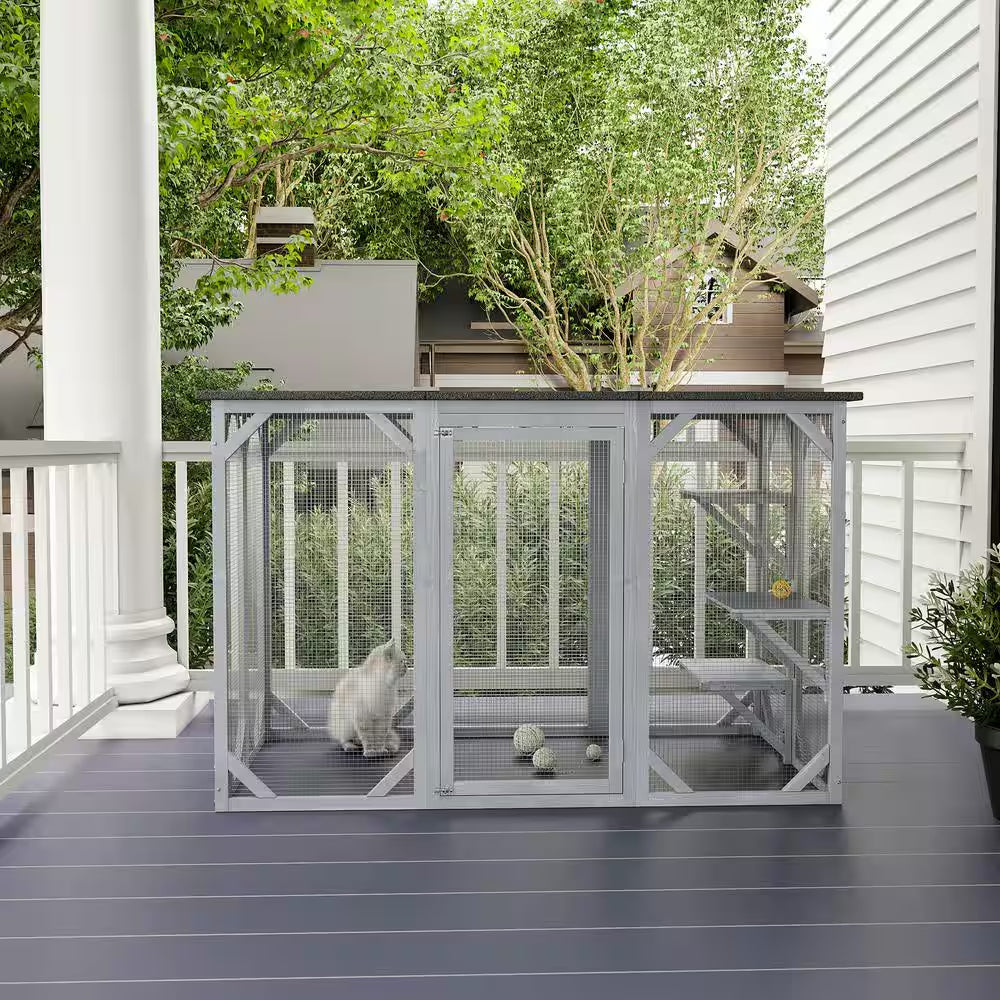 71 In. L Grey Wooden Outdoor Cat House with Asphalt Roof, Multi-Level Platforms, and Large Enter Door