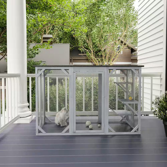 71 In. L Grey Wooden Outdoor Cat House with Asphalt Roof, Multi-Level Platforms, and Large Enter Door