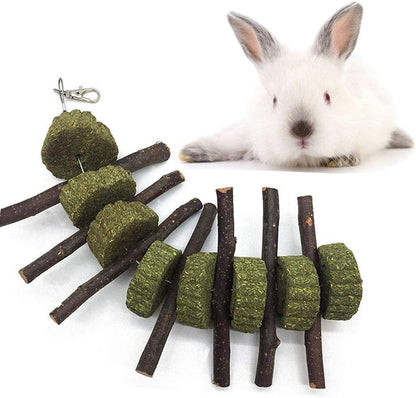 Bunny Chew Toys for Teeth, Organic Apple Wood Sticks Rabbits Improves Dental Health, Pet Snacks Toys with Grass Cake for Rabbits, Cats, Hamsters, Gerbils Birds