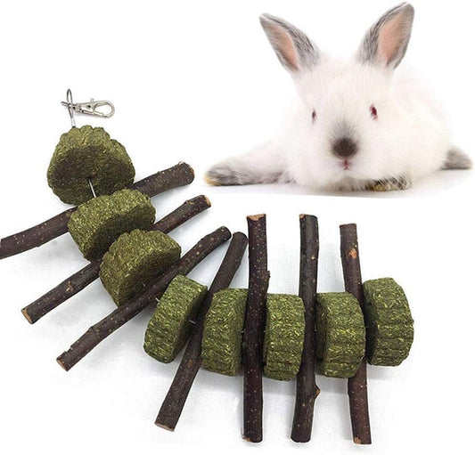 Bunny Chew Toys for Teeth, Organic Apple Wood Sticks Rabbits Improves Dental Health, Pet Snacks Toys with Grass Cake for Rabbits, Cats, Hamsters, Gerbils Birds