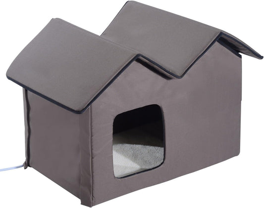 Double Heated Cat House Portable Indoor/Outdoor Kitty Shelter for Ferral Cat in Winter, Brown