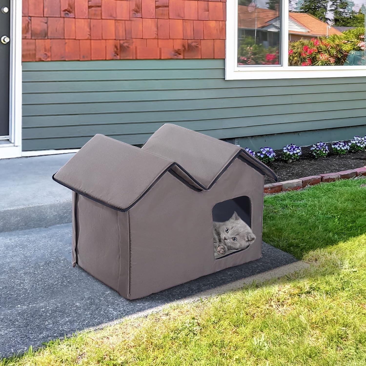 Double Heated Cat House Portable Indoor/Outdoor Kitty Shelter for Ferral Cat in Winter, Brown
