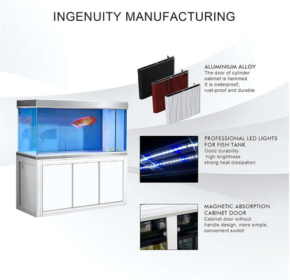 175 Gallon Glass Aquarium with Aluminum Cabinet - Including Sump for Filtration and Circulation, Plumbing, LED, White