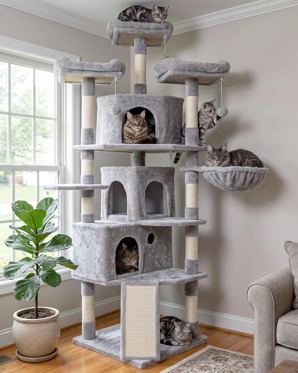 XL Size Cat Tree, 73.4 Inch Cat Tower with 3 Caves, 3 Cozy Perches, Scratching Posts, Board, Activity Center Stable for Kitten/Gig Cat, Light Gray MPJ032W